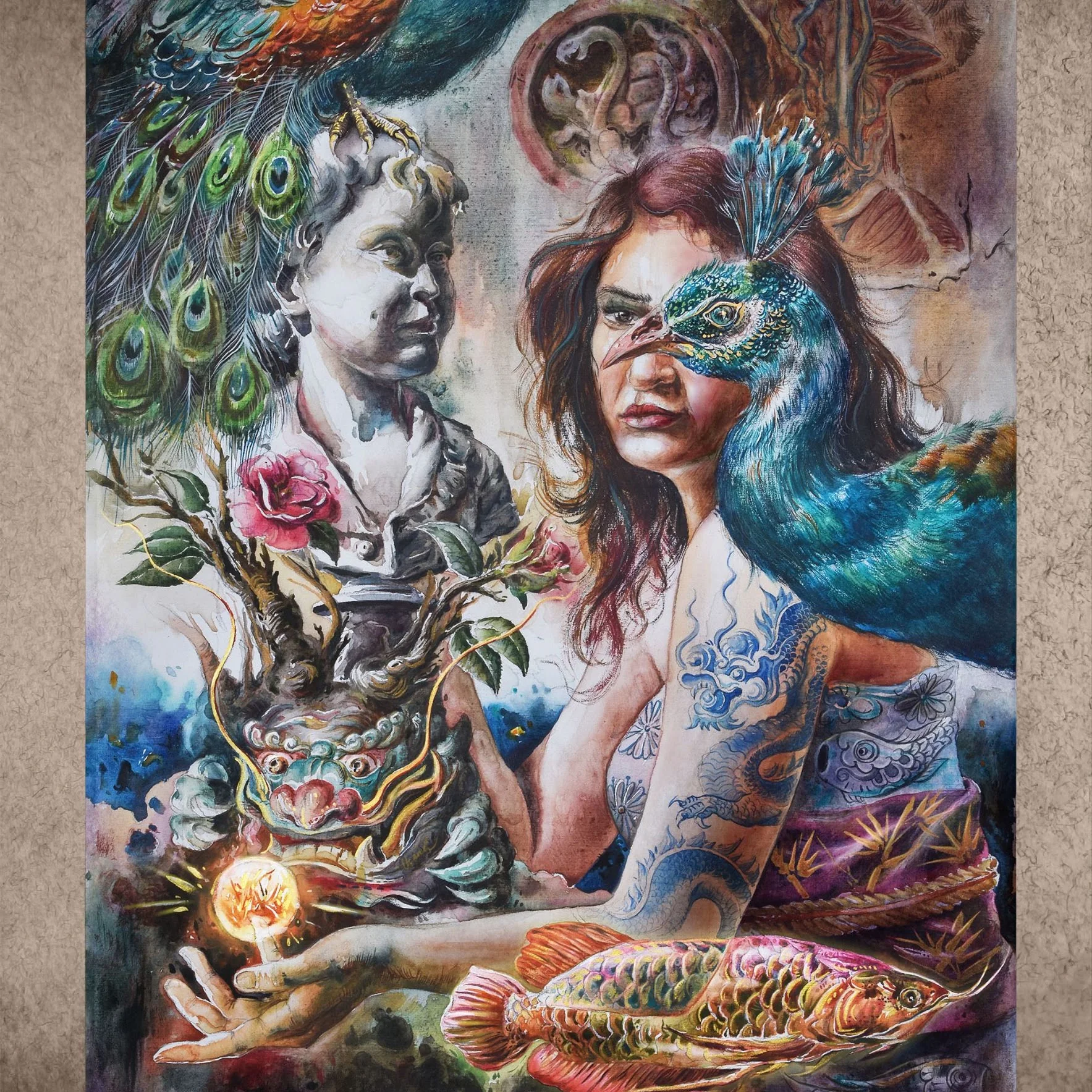 Figurative painting by Thanh Do with woman, sculpture, flowers and peacock