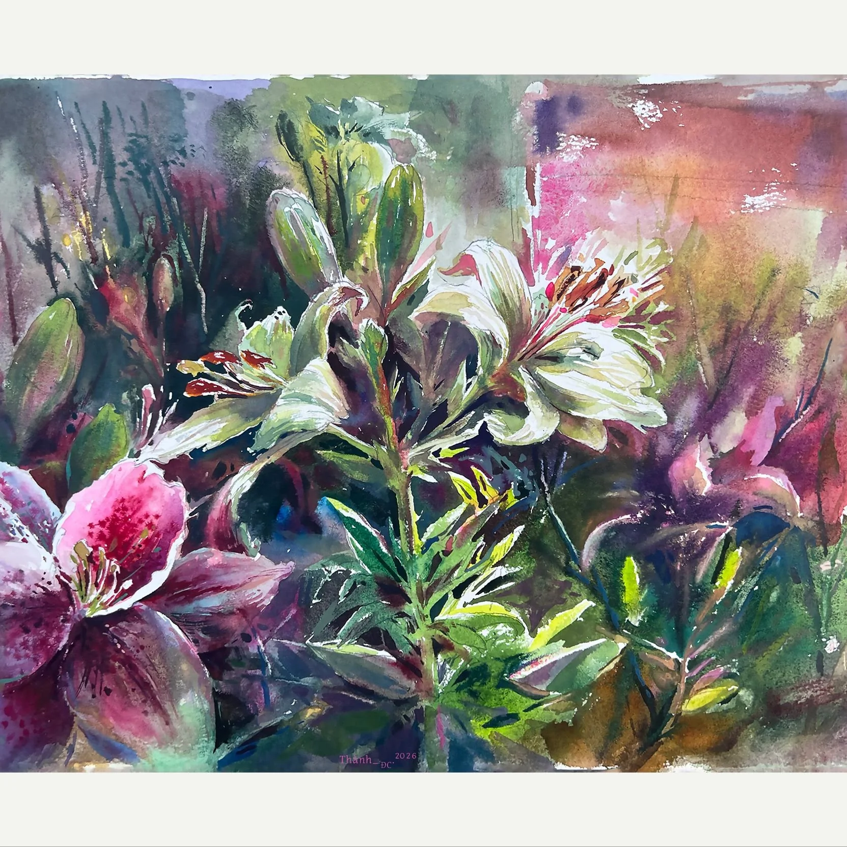 Expressive flowers and leaves in pink, violet and green watercolor