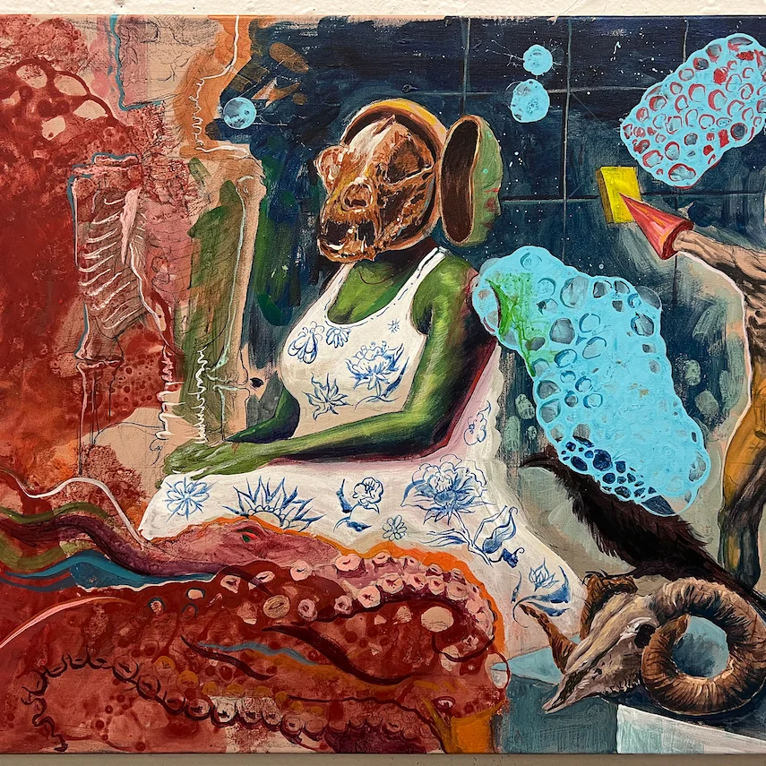 Surreal oil painting with a figure, animal forms and vivid patterns