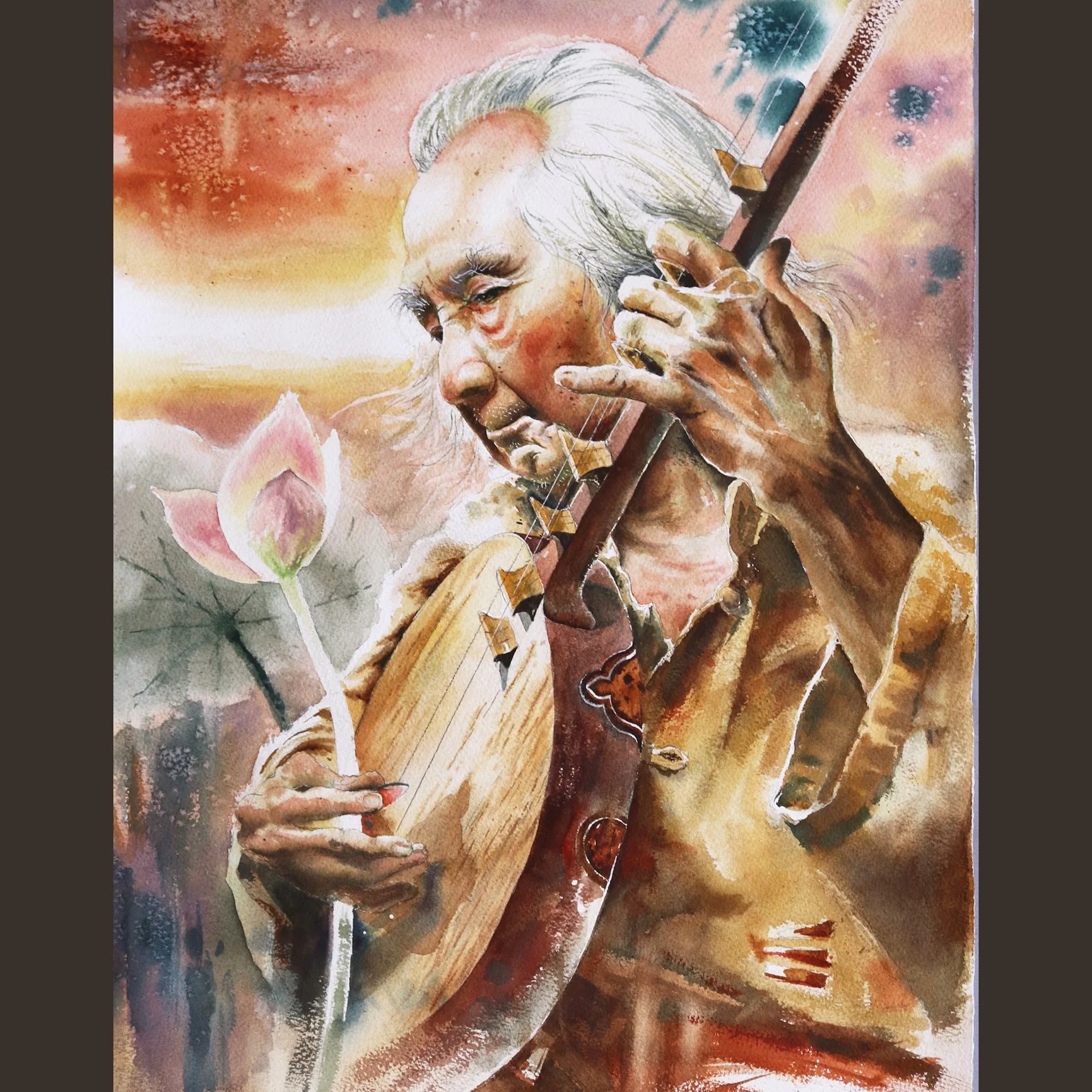 Older musician playing a string instrument in warm watercolor