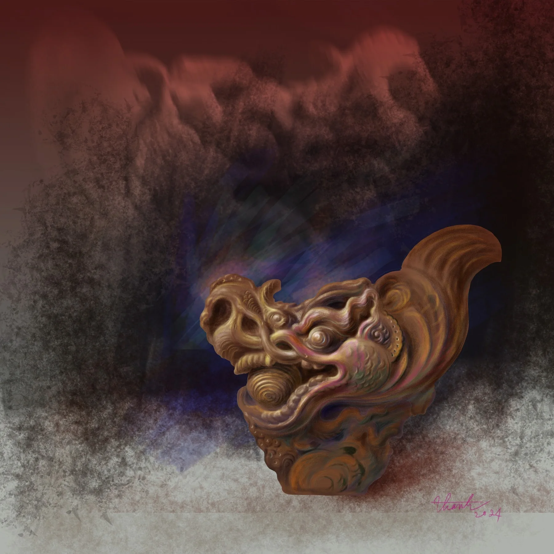 Fantasy creature emerging from a dark reddish landscape