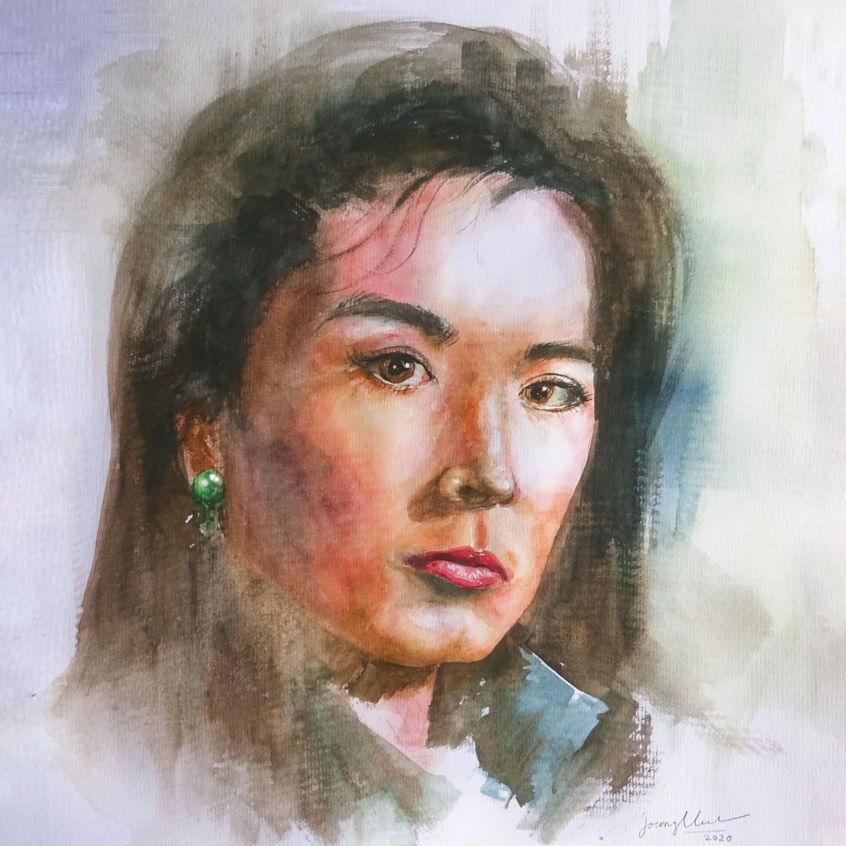 Young woman looking outward in a softly painted watercolor portrait