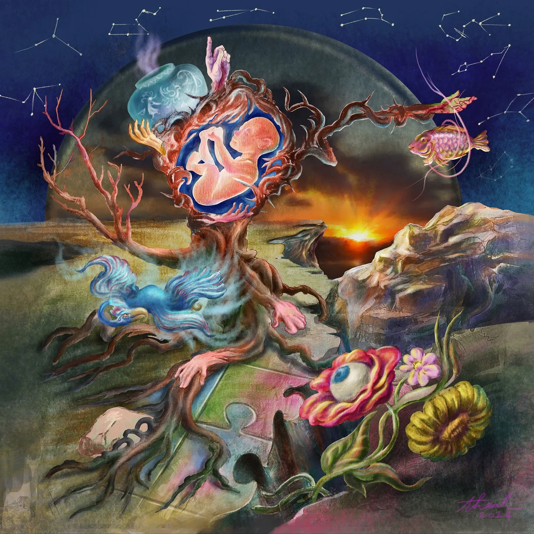 Colorful imagined landscape with figure, creatures, plants, and sunset